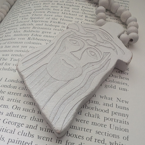 White Wooden Beaded Jesus Necklace - Picture 3 of 8